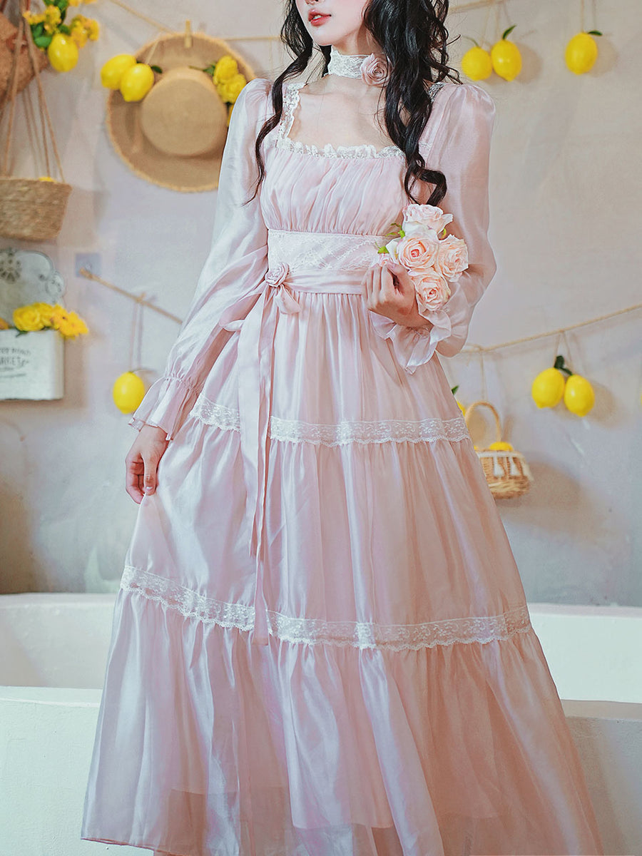 Pink Square Neck Lace Ruffle Vintage Fairy Dress, Pink / S
