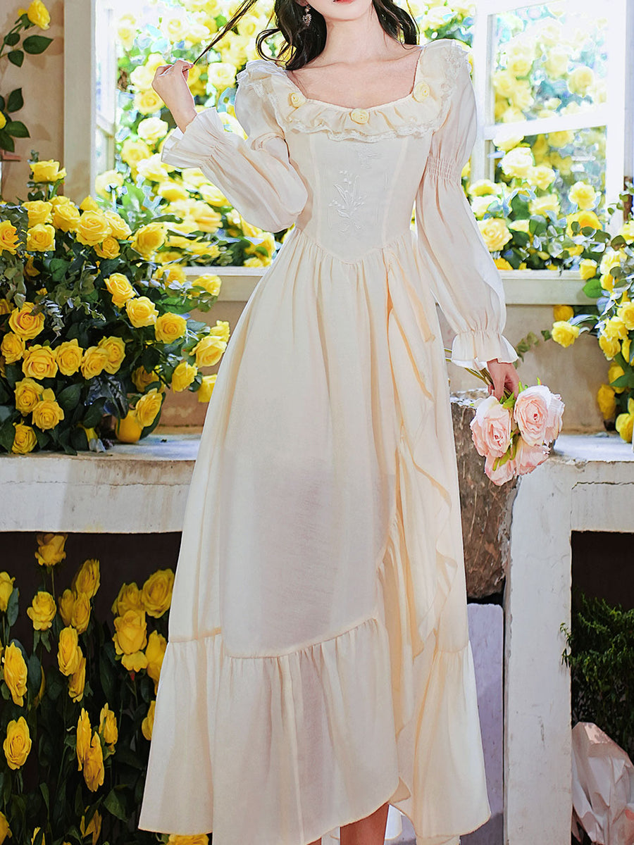 Apricot Square Neck Ruffle Corset Vintage Fairy Dress, Apricot / S