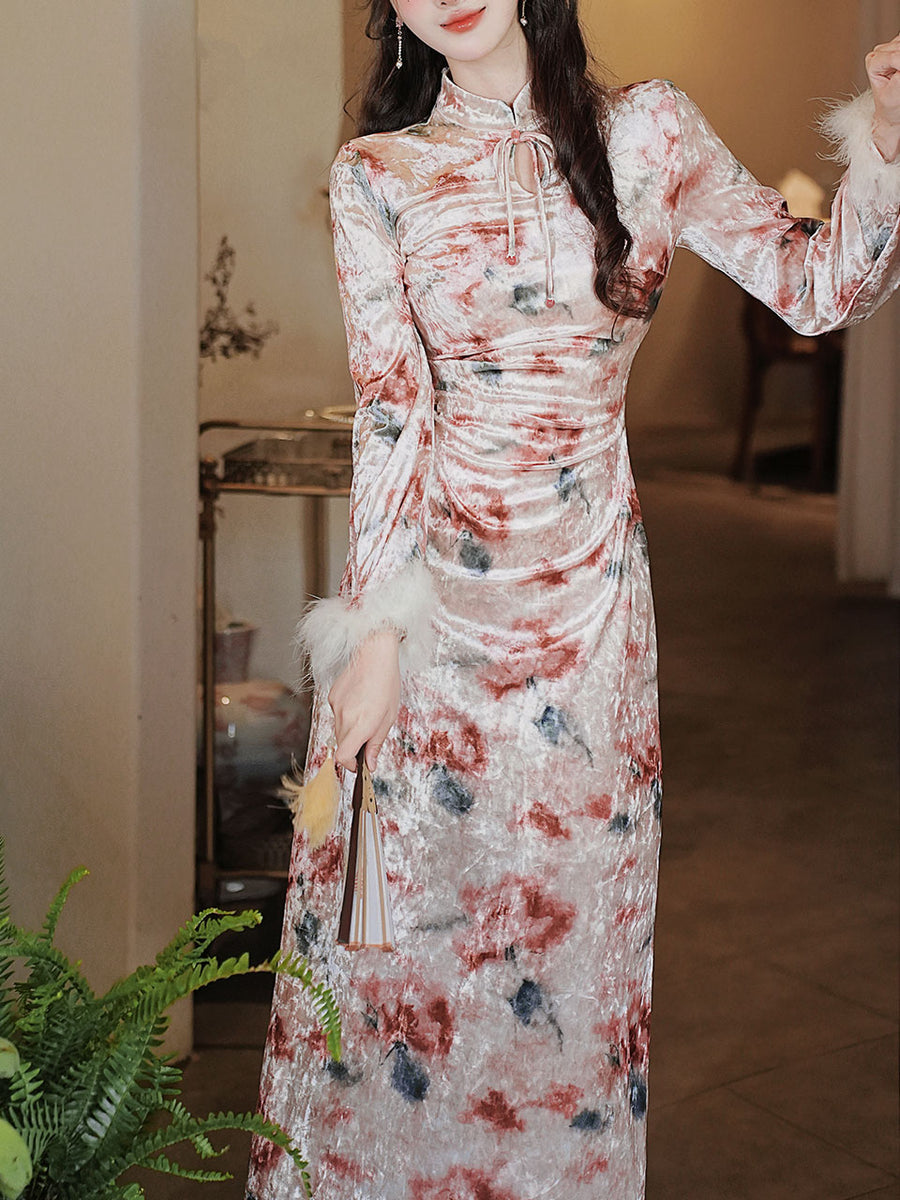 knee length dresses for ladies Pink Print Velvet Cuffs Fur Lined Plush Cheongsam Dress with Fake Fur Coat, Pink / Xs