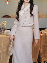 Load image into Gallery viewer, 2PS Pink Turn Down Collar Long Sleeve Wool Coat With Skirt Suit
