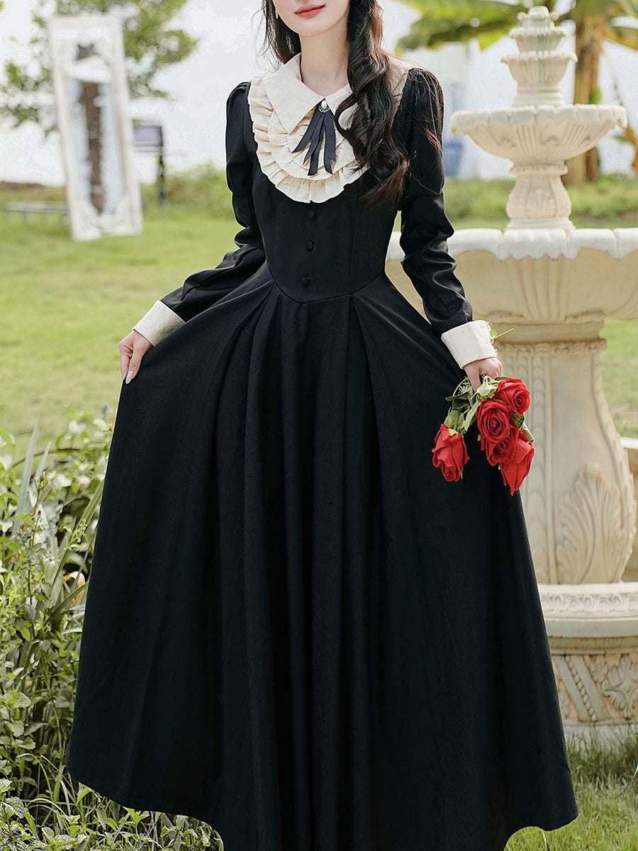White Lace Collar Long Sleeve Black Edwardian Revival Dress Black / XL White Lace Collar Long Sleeve Black Edwardian Revival Dress Black / XL