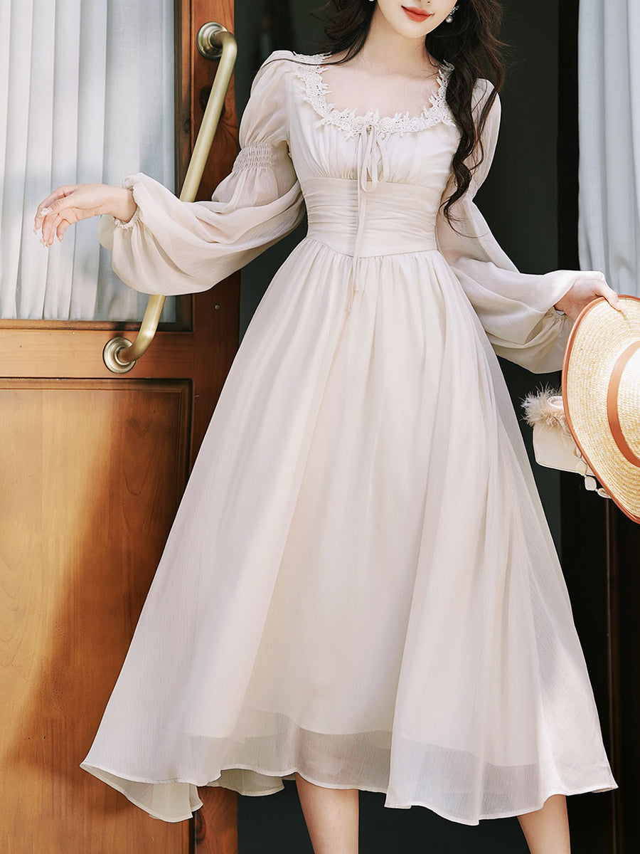 White Lace Neck Ruffles Edwardian Revival Chiffon Dress – Jolly