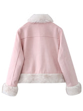 Load image into Gallery viewer, Pink Suede Butterfly Horn Button Faux Fur Winter Coat