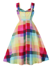 Load image into Gallery viewer, Rainbow Check Strappy Swing Dress 1950S Vintage Dress with Hat Set