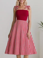 Load image into Gallery viewer, Red And White Plaid Straps Bow Vintage 1950s Swing Dress