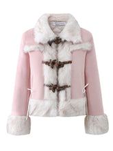 Load image into Gallery viewer, Pink Suede Butterfly Horn Button Faux Fur Winter Coat
