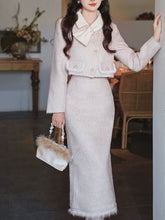 Load image into Gallery viewer, 2PS Pink Turn Down Collar Long Sleeve Wool Coat With Skirt Suit