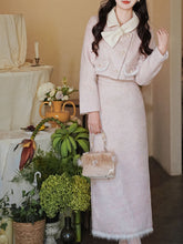 Load image into Gallery viewer, 2PS Pink Turn Down Collar Long Sleeve Wool Coat With Skirt Suit