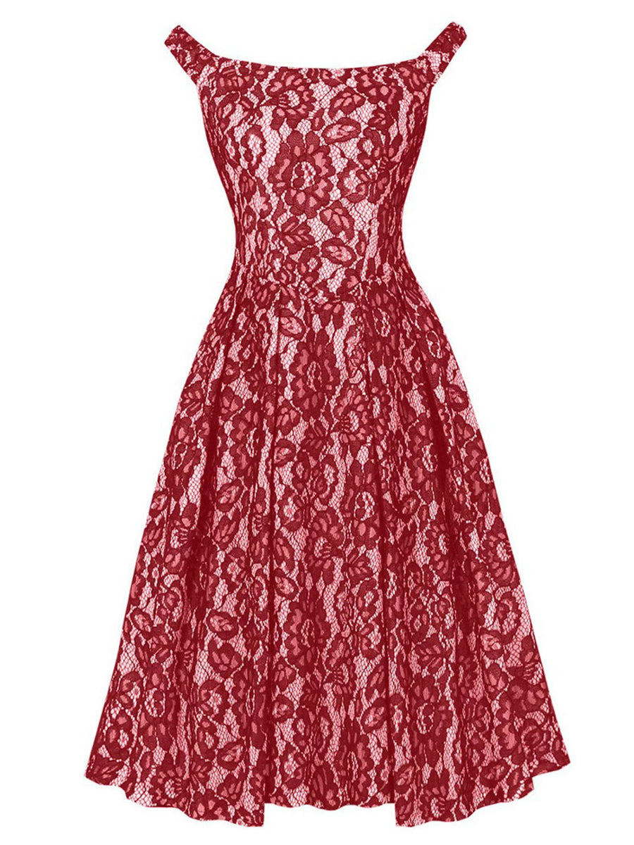 Red Lace Swing Dress with a Corset-Inspired Back, Red / M
