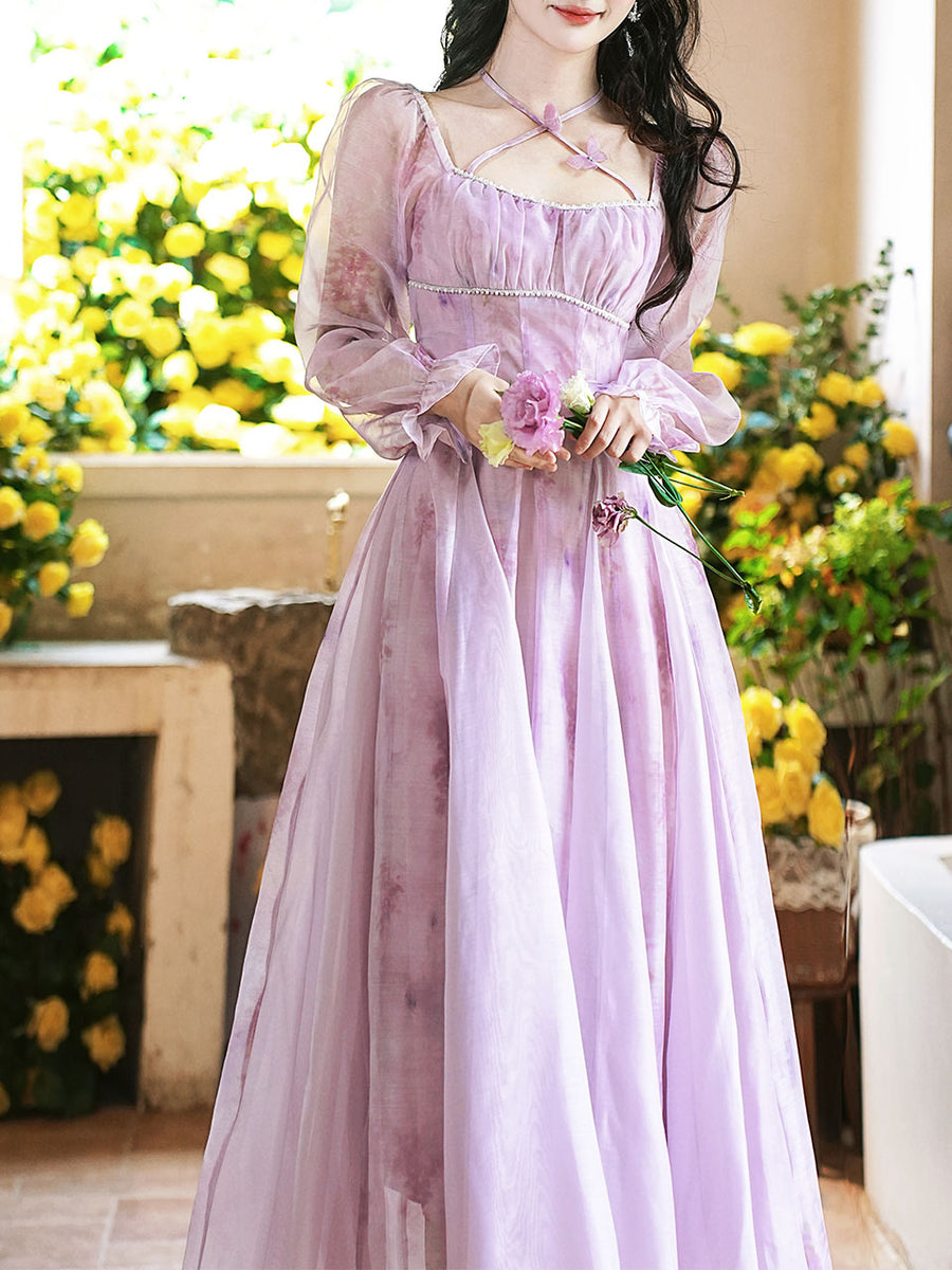 purple fairy dress Square Neck Butterfly Vintage Dress, Purple / XS How to Field Dress wedding flower dress chest 29 Tea length Color:Natural White