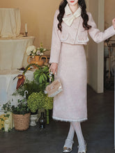 Load image into Gallery viewer, 2PS Pink Turn Down Collar Long Sleeve Wool Coat With Skirt Suit