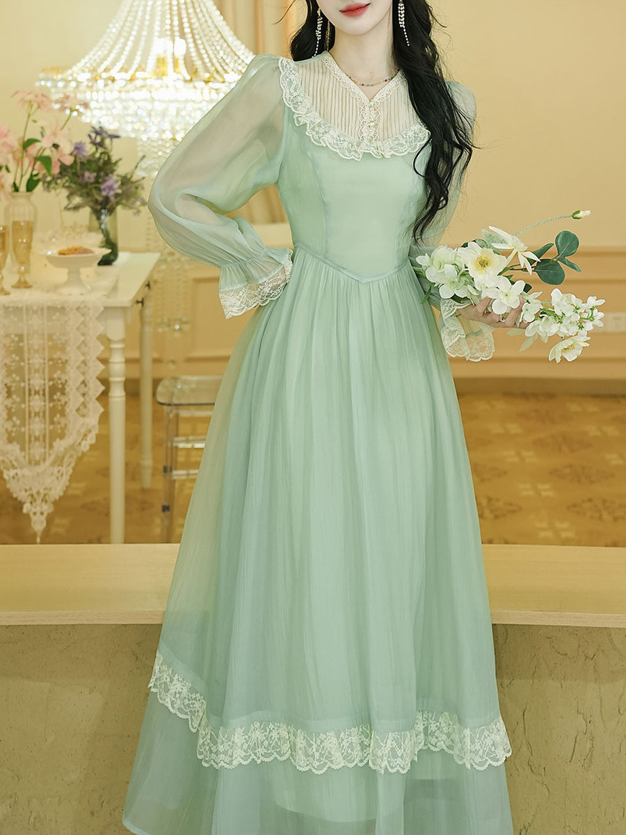 Green Lace Neck Ruffles Edwardian Revival Chiffon Dress Jolly Vintage Green Lace Neck Ruffles Edwardian Revival Chiffon Dress Jolly Vintage