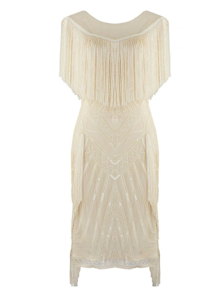 Green Gatsby Glitter Fringe 1920s Flapper Dress, Apricot / M