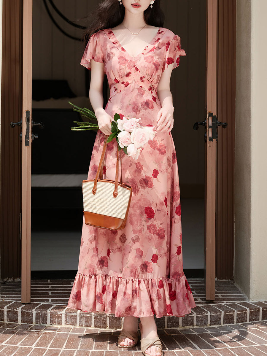 strapless open back dress Pink V Neck Rose Print Vintage Dress, Pink / Xs