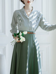 2PS Green V Neck Long Sleeve Shirt And  Swing Skirt 1950S Dresss Set