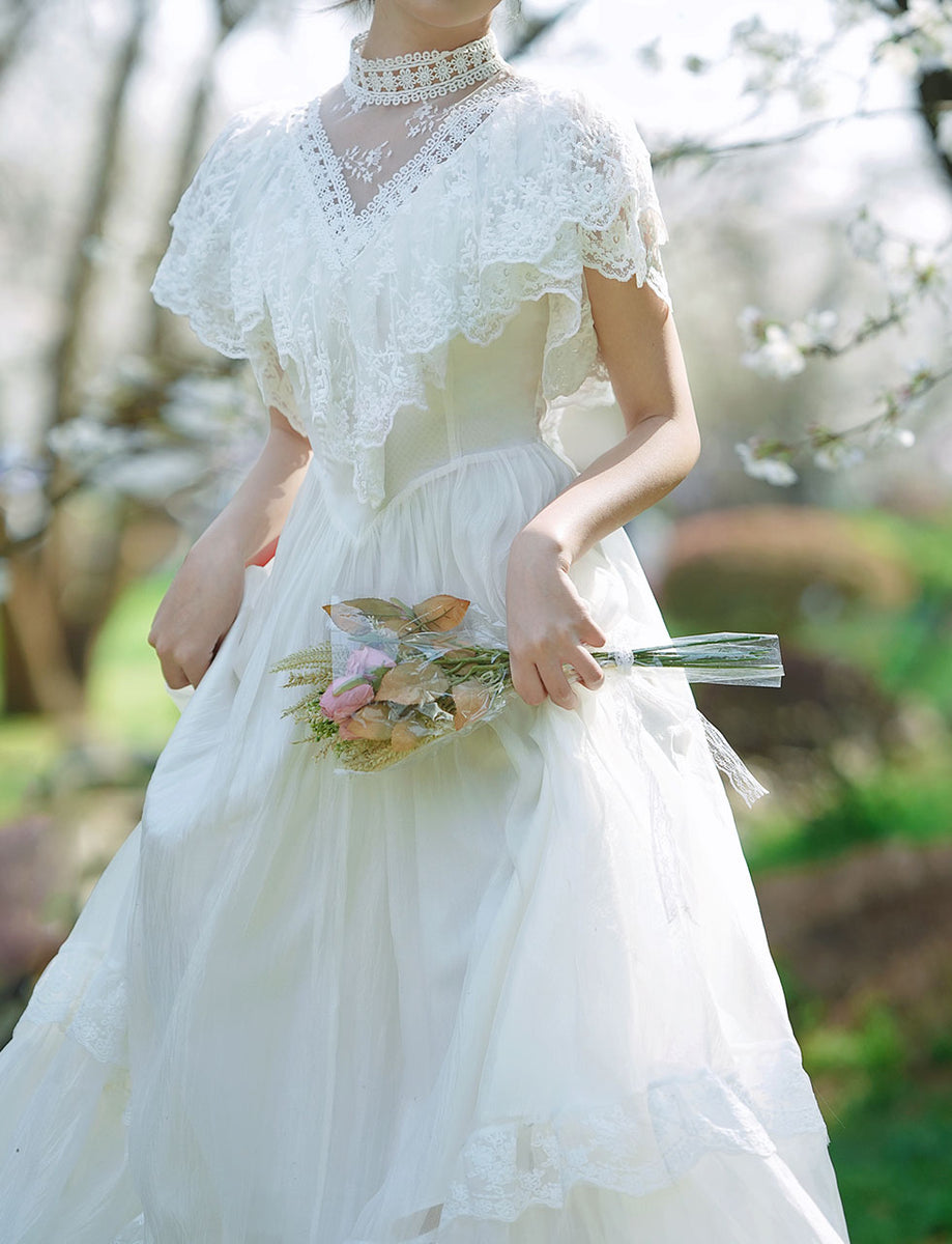 White Lace Pleat Edwardian Revival Vintage Wedding Dress White / S White Lace Pleat Edwardian Revival Vintage Wedding Dress White / S