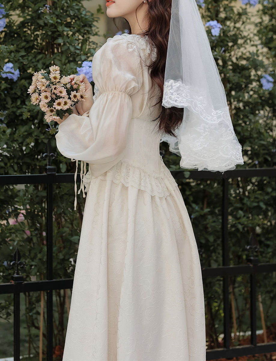 Sweet Victorian Ruffles Corset Long Sleeve Wedding Maxi Dress with Wedding Veil Apricot / L
