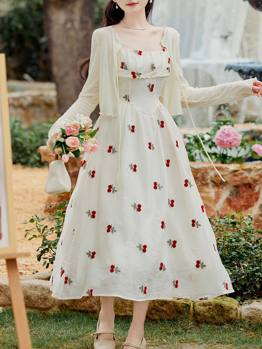 2PS White Cherry Print Spaghetti Strap Dress With White Shawl