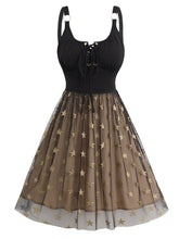 Load image into Gallery viewer, Gold and Black Star Sequin Lace-up 1950s Vintage Party Dress
