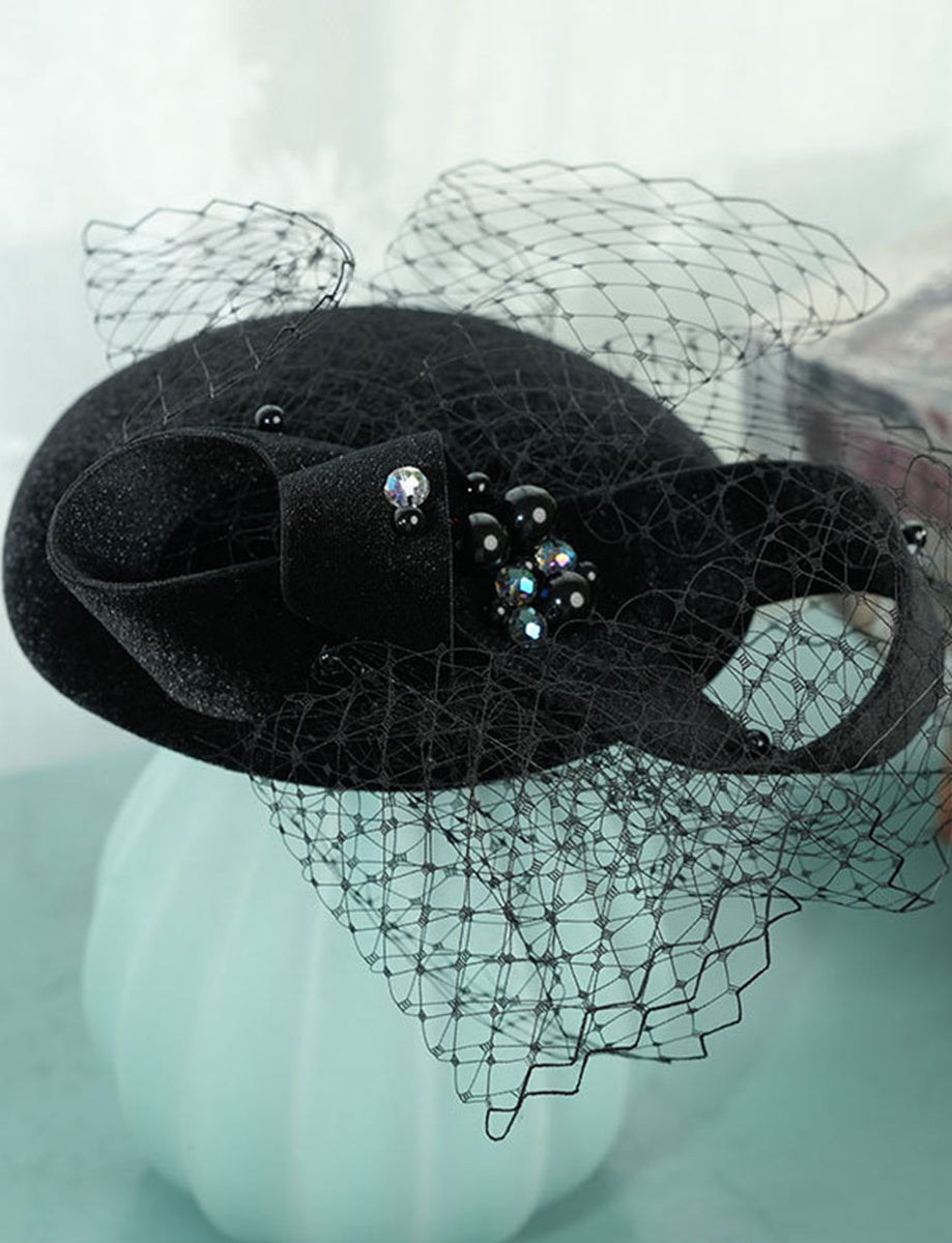 VTG Black Wool Victorian Hat Birdcage Dot Veil Bow 1970s Black Womens Pillbox Hat by Geo W Bollman  main image 3