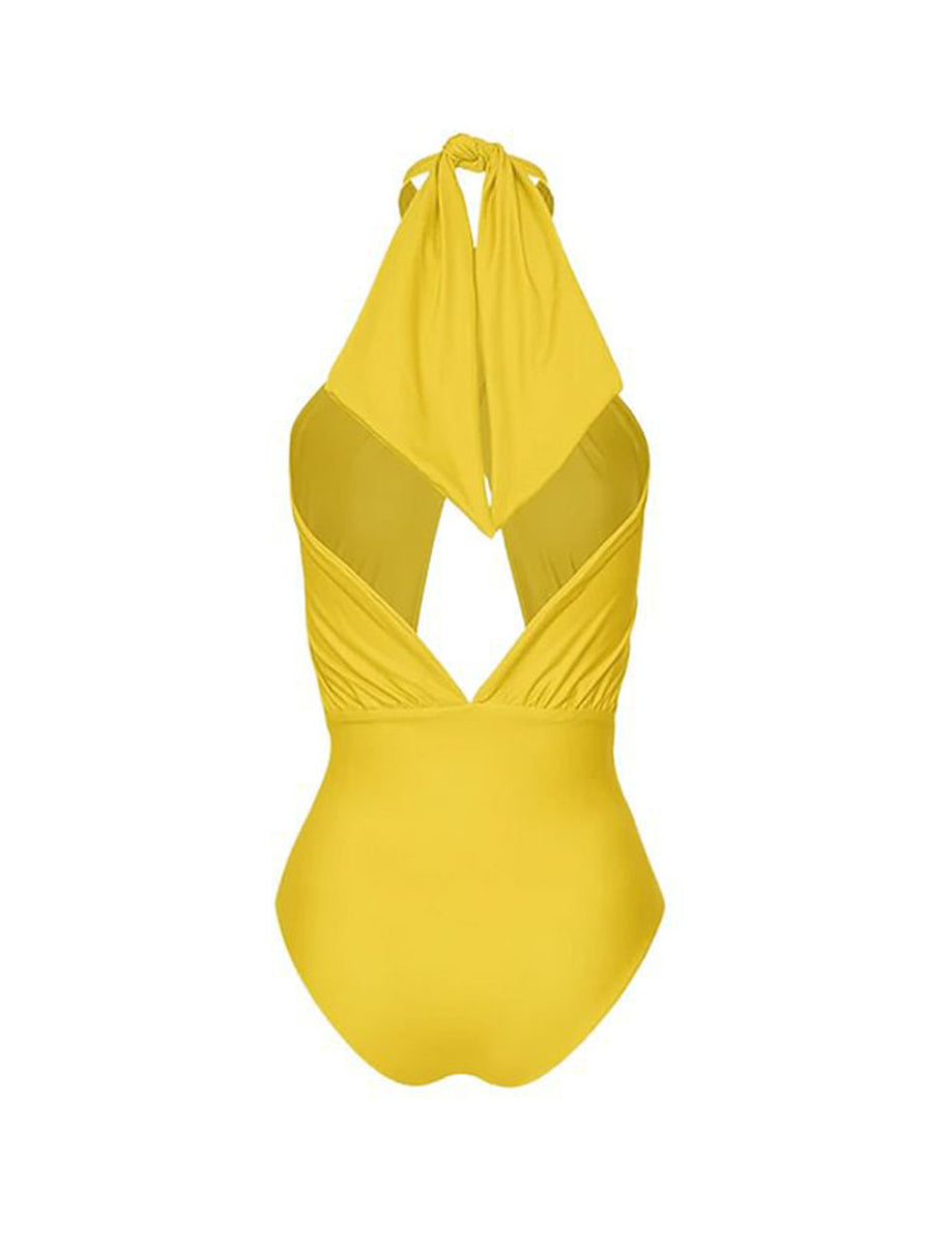 Yellow Hollow Out One Piece With Bathing Suit Wrap Skirt Jolly Vintage
