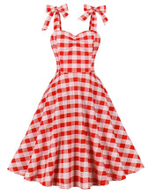 Load image into Gallery viewer, Red And White Plaid Straps Bow Retro Swing Dress