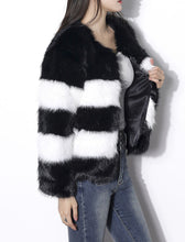 Load image into Gallery viewer, Black and White Stripes Faux Fur Long Sleeve Coat Women Winter Coat