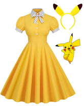 Load image into Gallery viewer, Yellow Pikachu Inspired by Pokemon Swing Vintage 1950S Dress with Headband
