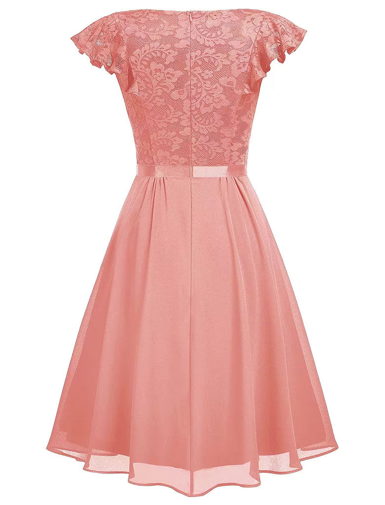 open lace back dress Autumn Lace Cap Sleeve V Neck 50s Party Dress, Purple / L