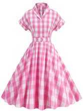 Load image into Gallery viewer, Pink And White Plaid Bow Collar Barbie Same Style 1950S Vintage Dress