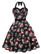 Load image into Gallery viewer, Gothic Black Skull and Rose Print Halter Vintage Halloween Dress