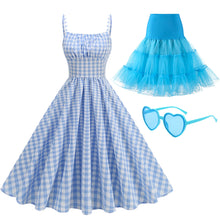 Load image into Gallery viewer, Blue And White Plaid Strap Classis Style 1950S Vintage Dress Set