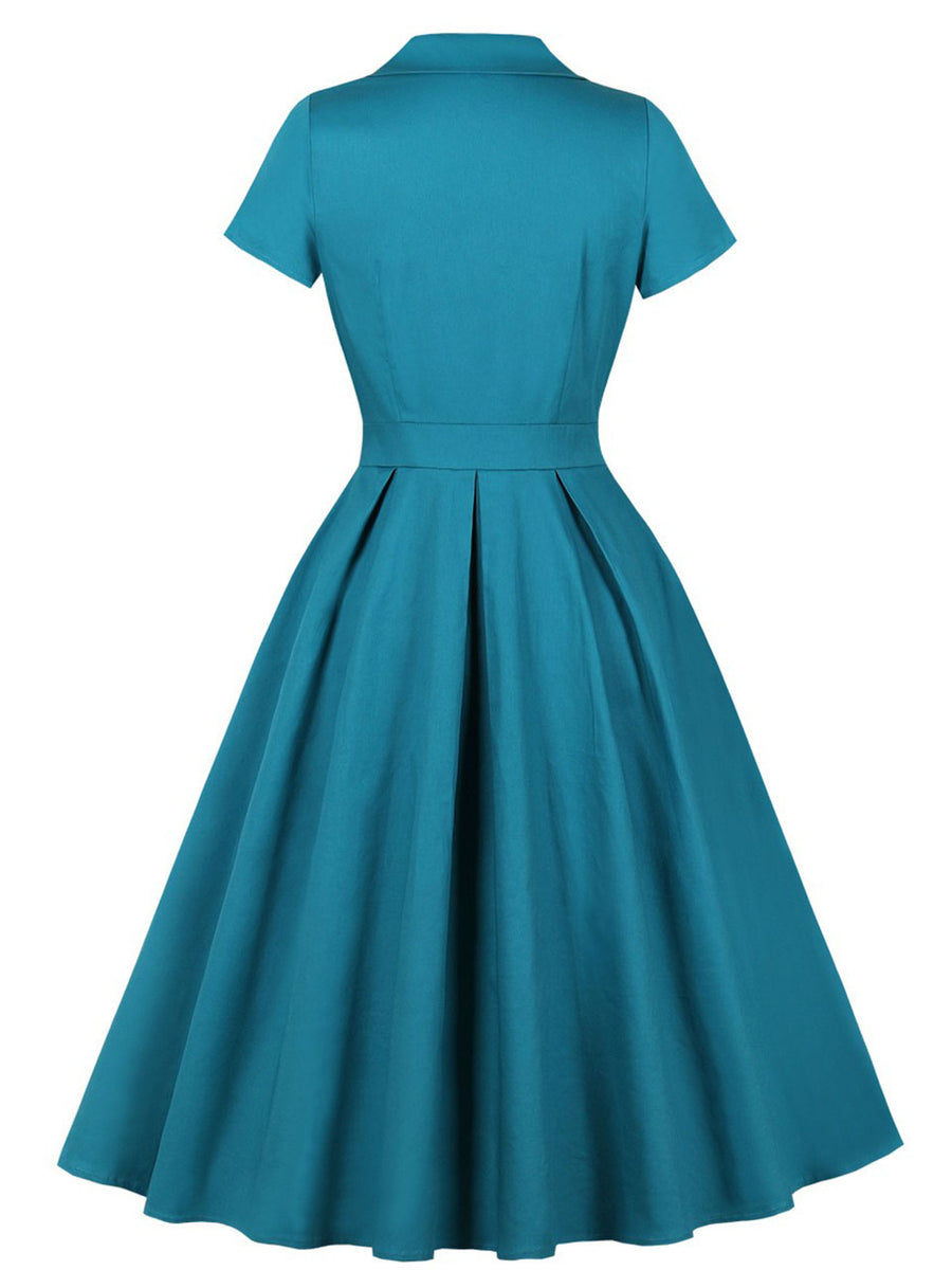 retro swing dress 1950s Teal Blue Retro Double Breasted Lapel Collar Swing Dress, Red / S
