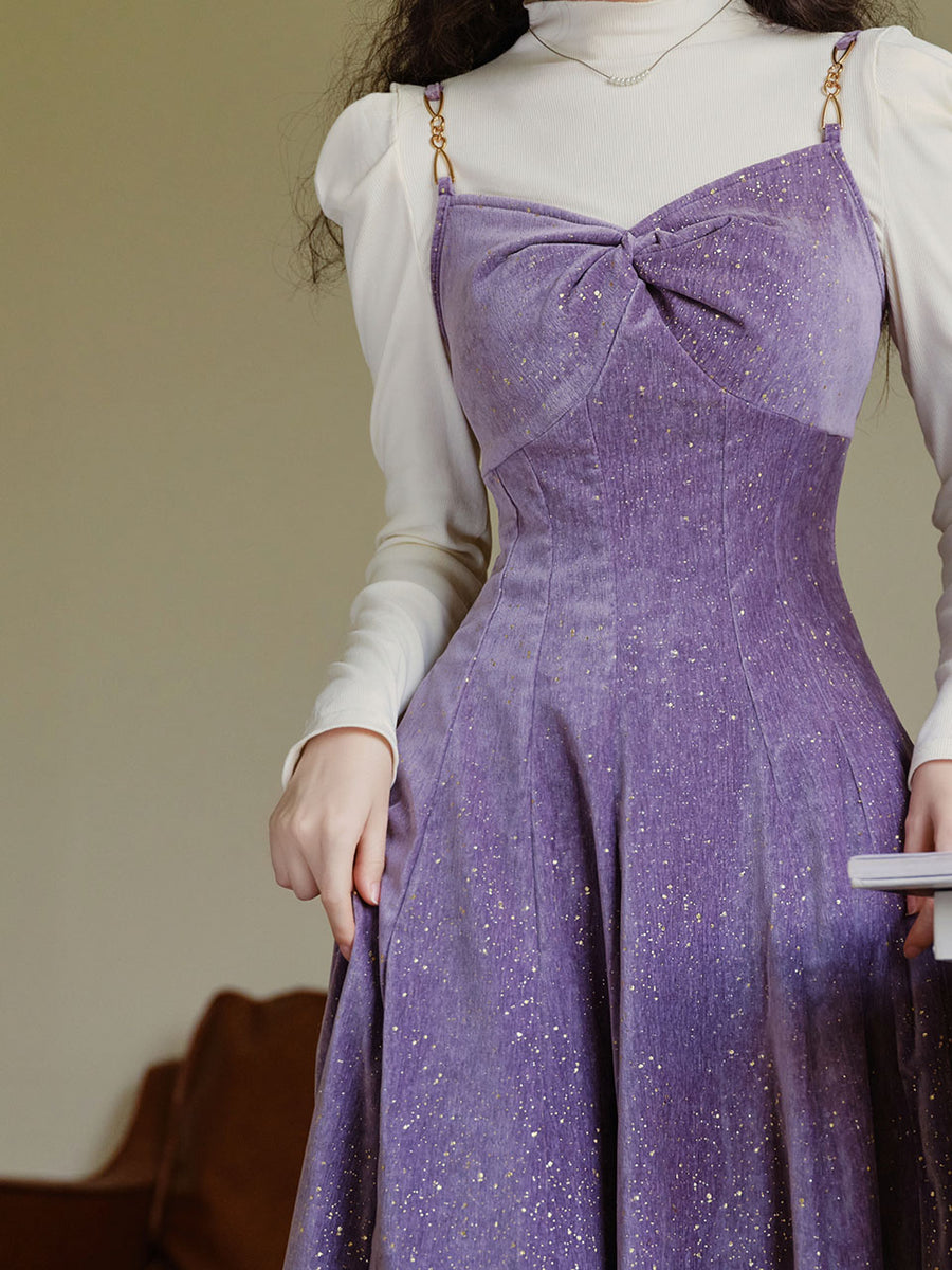 2 Piece Sequin Slip Dress in Purple with White Sweater Set, Purple / Xs