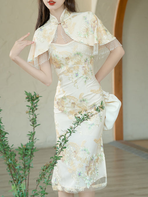 White Cheongsam Fishtail Maxi Dress Prom Dress With Tassel Shawl Cape
