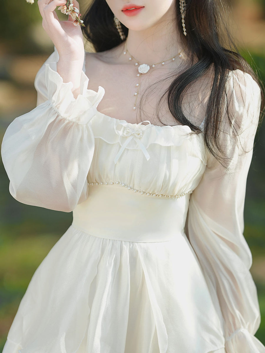 White Square Collar Long Sleeve Ruffles Vintage 1950S Dress, White / M