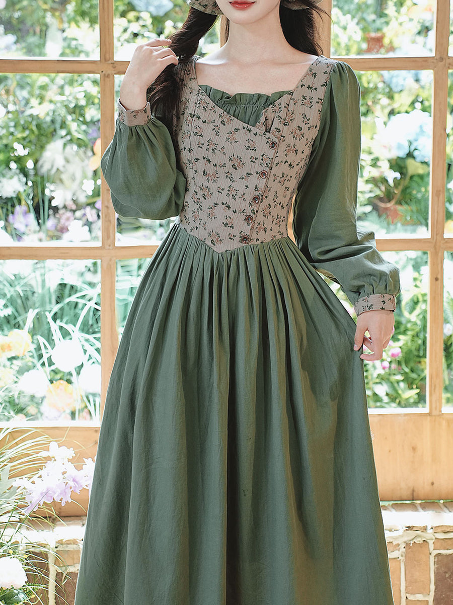 green cottagecore dress Green Floral Print Long Sleeve Vintage Cottagecore Cotton Dress, Green / L