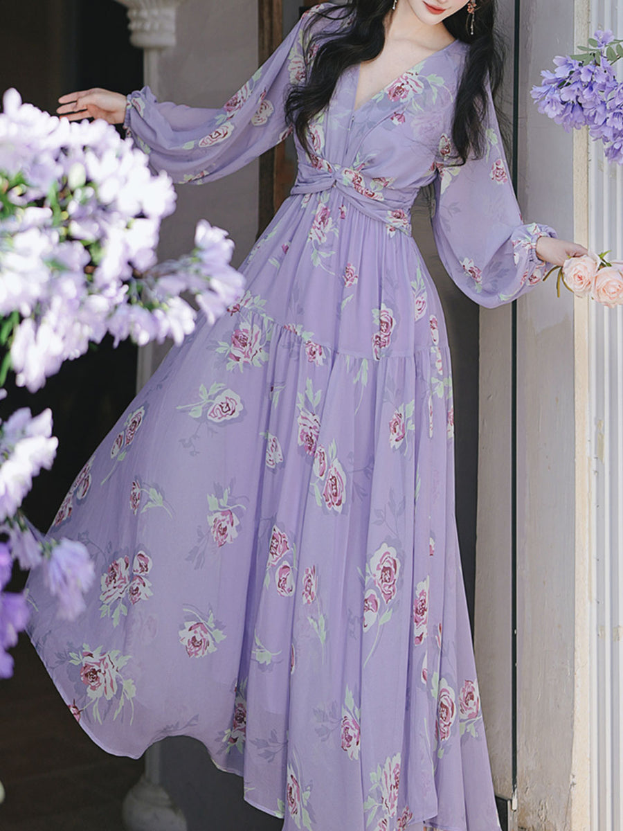 Purple Floral Print V Neck Long Sleeve Vintage Dress Purple / L Purple Floral Print V Neck Long Sleeve Vintage Dress Purple / L