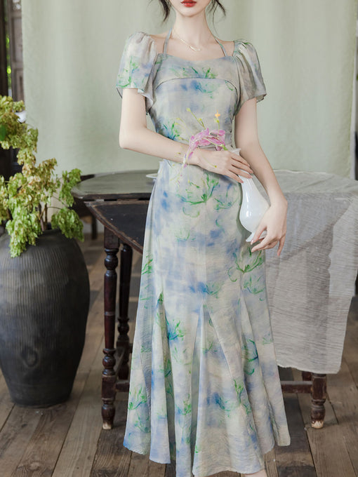 Blue Floral Printed Off-shoulder Fishtail Dress