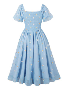 Blue Daisy Puff Sleeve Smocking 1950S Vintage Dress