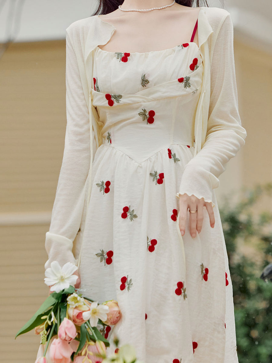 2PS White Cherry Print Spaghetti Strap Dress With White Shawl