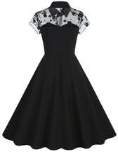 Load image into Gallery viewer, Black Peter Pan Semi Mesh Flower Short Sleeve 50S Swing Dress