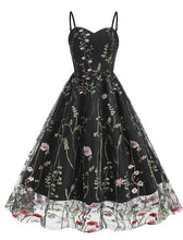 Load image into Gallery viewer, Wine Red Semi Mesh Flower Embroidered Spaghetti Strap Sleeveless 50S Swing Dress