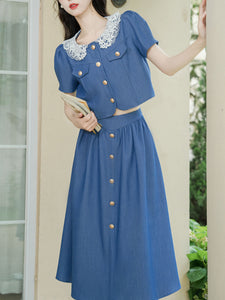 2PS Blue Lace Peter Pan Collar Short Sleeve Shirt With Skirt Suits