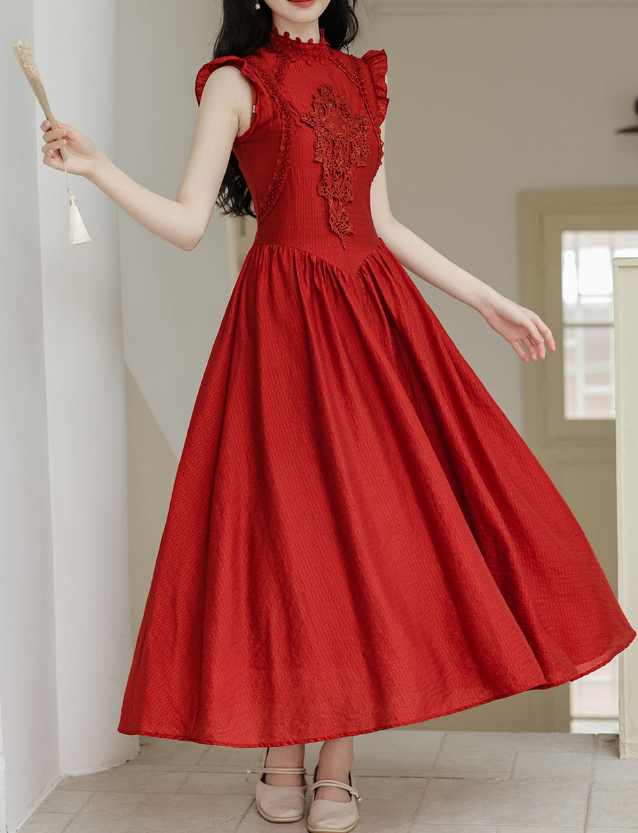 1950s Red Lace Classic Vintage Summer Swing Dress, Red / L 1950s Red Lace Classic Vintage Summer Swing Dress, Red / L