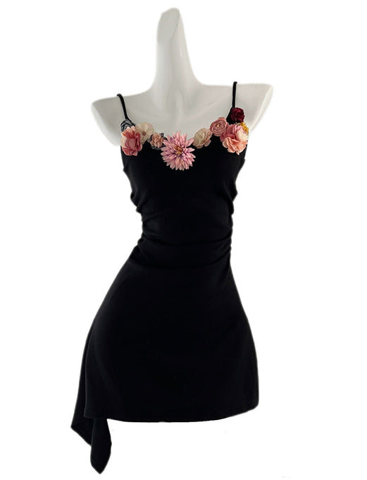 Black Spaghetti Strap Flower Bodycon Dress Sexy Gown Party Dress