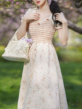 Load image into Gallery viewer, Apricot V Neck Floral Smocking Princess Puff Sleeve Vintage Dress