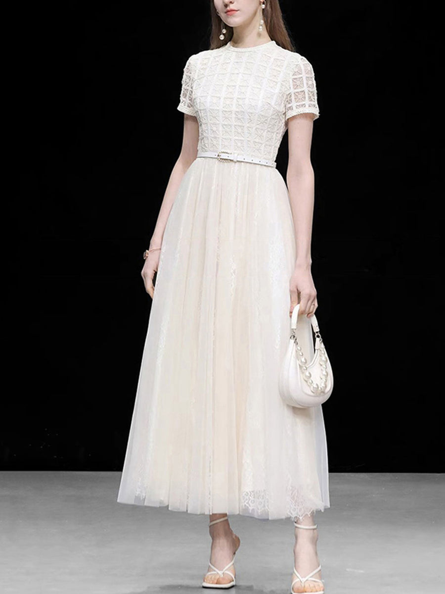 White Luxury Embroidered Lace Maxi Dress, White / S
