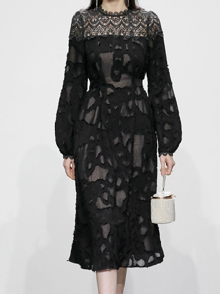 Black Semi Sheer Lace Long Sleeve 1950s Vintage Dress, Black / L Black Semi Sheer Lace Long Sleeve 1950s Vintage Dress, Black / L
