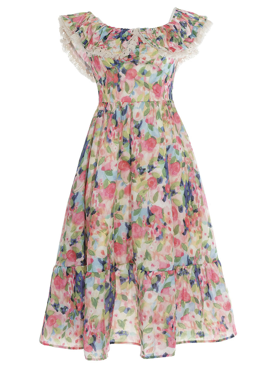 Off The Shoulder Floral Print Ruffles Vintage 1950S Dress Jolly Vintage